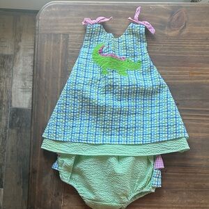 ZU Green & Blue Gingham Baby Dress with Crocodile Applique 6months